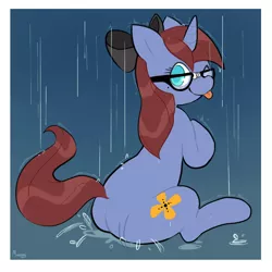 Size: 1200x1200 | Tagged: safe, artist:morgana, derpibooru import, oc, oc:raspberry breeze, unofficial characters only, pony, unicorn, bow, cutie mark, female, glasses, mare, rain, solo, wet mane