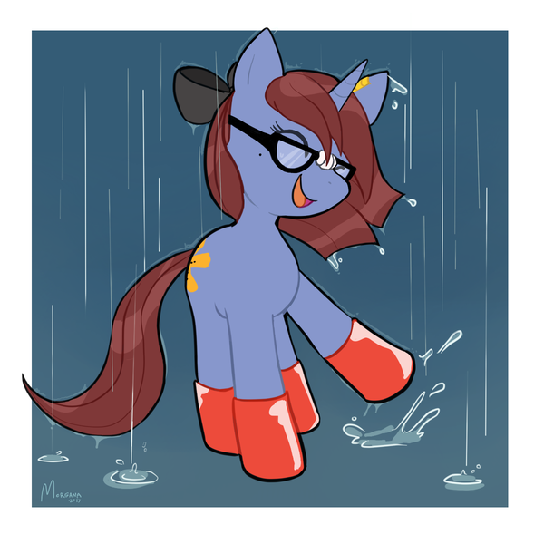 Size: 1200x1200 | Tagged: safe, artist:morgana, derpibooru import, oc, oc:raspberry breeze, unofficial characters only, pony, unicorn, cutie mark, eyes closed, female, glasses, mare, rain, rain boots, solo, wet mane