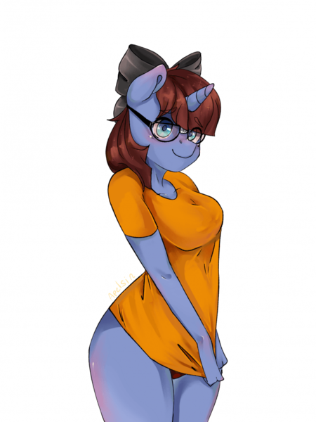 Size: 700x933 | Tagged: suggestive, artist:apelsin228, derpibooru import, oc, oc:raspberry breeze, unofficial characters only, anthro, unicorn, anthro oc, blushing, bow, clothes, covering, female, glasses, hair bow, mare, panties, shirt, shirt pull, simple background, solo, solo female, t-shirt, underwear