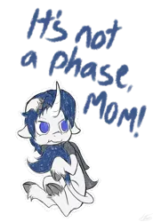 Size: 741x1079 | Tagged: safe, derpibooru import, oc, oc:vesper iris, unofficial characters only, classical unicorn, pony, unicorn, blue hair, clothes, cloven hooves, curved horn, floppy ears, holding tail, it's not a phase, leonine tail, scarf, scrunchy face, simple background, text, transparent background, unshorn fetlocks