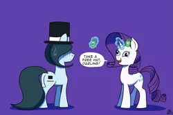 Size: 1625x1085 | Tagged: safe, artist:feralroku, derpibooru import, rarity, oc, oc:hattsy, pony, brain slug, crossover, derp, dialogue, futurama, glowing horn, magic, mind control, purple background, simple background, sweat, sweatdrop, telekinesis