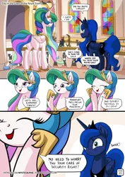 Size: 955x1351 | Tagged: safe, artist:mysticalpha, derpibooru import, discord, princess celestia, princess luna, queen chrysalis, alicorn, pony, comic:day in the lives of the royal sisters, comic, crown, cute, cutelestia, dialogue, duo focus, eye twitch, female, horseshoes, jewelry, luna is not amused, lunabetes, mare, peytral, regalia, sillestia, silly, speech bubble, this will end in death, this will not end well, too dumb to live, trollestia, xk-class end-of-the-world scenario