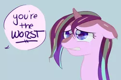 Size: 2812x1854 | Tagged: safe, artist:starfishkitty, derpibooru import, starlight glimmer, pony, unicorn, abuse, blue background, bust, crying, dialogue, drama, floppy ears, frown, glimmerbuse, gritted teeth, offscreen character, op started shit, portrait, sad, simple background, solo, speech bubble, starlight drama, text, wet mane