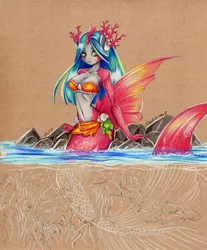 Size: 1024x1238 | Tagged: anthro, artist:divinekitten, breasts, derpibooru import, female, fish, mermaid, merpony, oc, oc:coral reef, rock, simple background, solo, suggestive, underwater, unofficial characters only