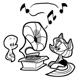 Size: 500x500 | Tagged: safe, artist:joeywaggoner, derpibooru import, pony, the clone that got away, casper, casper the friendly ghost, clothes, diane, glasses, gramophone, grayscale, monochrome, music notes, phonograph, redesign, simple background, white background