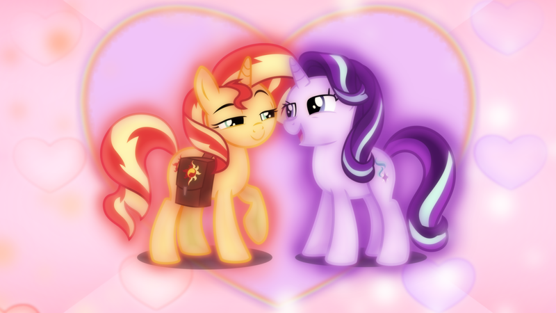 Size: 1600x900 | Tagged: safe, artist:limedazzle, artist:sailortrekkie92, derpibooru import, edit, starlight glimmer, sunset shimmer, pony, unicorn, female, heart, heart background, lesbian, lidded eyes, shimmerglimmer, shipping, vector, wallpaper, wallpaper edit