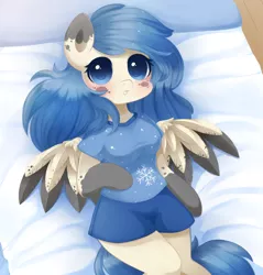 Size: 900x943 | Tagged: anthro, anthro oc, arm hooves, artist:exceru-karina, bed, breasts, clothes, cute, derpibooru import, female, looking at you, lying down, mare, oc, ocbetes, oc:murky icicle, on back, pajamas, pegasus, safe, unguligrade anthro, unofficial characters only