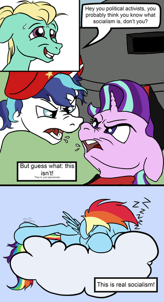 Size: 1800x3300 | Tagged: safe, artist:aaronmk, derpibooru import, rainbow dash, shining armor, starlight glimmer, zephyr breeze, pony, anarchy, bunker, cloud, communism, left communism, politics, sleeping, socialism, stalin glimmer, tankie, zzz