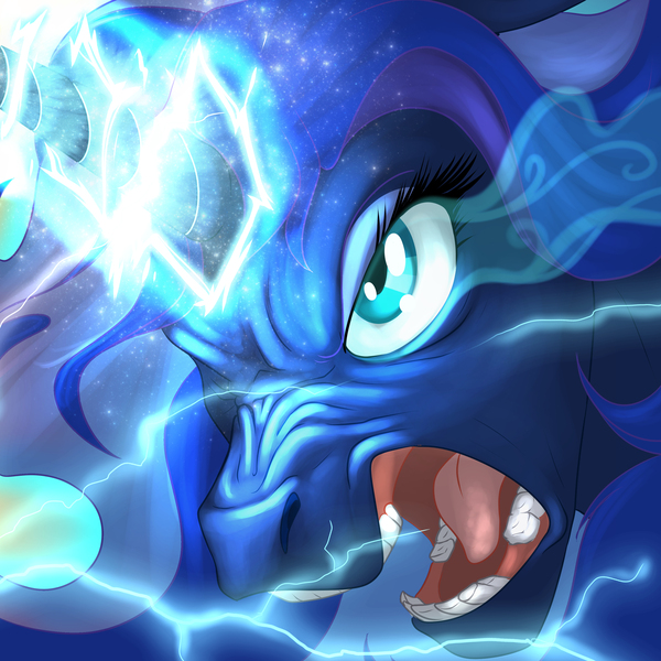 Size: 3300x3300 | Tagged: safe, artist:foxenawolf, derpibooru import, princess luna, pony, fanfic:piercing the heavens, angry, fanfic art, horn, lighting, lightning, magic, one eye closed, open mouth, realistic teeth, scrunchy face, teeth, tongue out