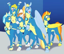 Size: 3900x3300 | Tagged: safe, artist:foxenawolf, derpibooru import, fire streak, lightning streak, misty fly, spitfire, surprise, pony, fanfic:piercing the heavens, clothes, fanfic art, uniform, wonderbolts, wonderbolts uniform