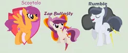 Size: 1259x525 | Tagged: safe, artist:xrainbowdash-mlp, derpibooru import, rumble, scootaloo, oc, oc:zap butterfly, pegasus, pony, alternate hairstyle, base used, cutie mark, female, green background, male, mare, misspelling, offspring, older, older scootaloo, parent:rumble, parent:scootaloo, parents:rumbloo, rumbloo, shipping, simple background, stallion, straight, the cmc's cutie marks