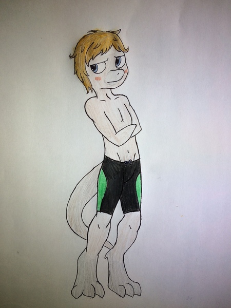 Size: 2448x3264 | Tagged: anthro, anthro oc, artist:primevalbrony, artist:primevalfan666, clothes, derpibooru import, dinosaur, kinnareemimus, male, oc, oc:reed, sexy, solo, solo male, suggestive, swimming trunks, swimsuit, unofficial characters only