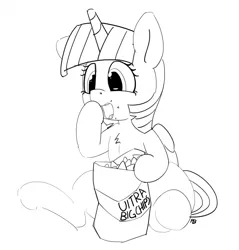 Size: 1280x1338 | Tagged: safe, artist:pabbley, derpibooru import, twilight sparkle, twilight sparkle (alicorn), alicorn, pony, 30 minute art challenge, chest fluff, chips, cute, eating, female, food, lineart, mare, monochrome, sitting, solo