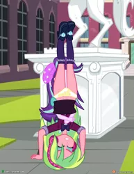 Size: 1500x1942 | Tagged: suggestive, artist:dieart77, derpibooru import, lemon zest, starlight glimmer, equestria girls, friendship games, mirror magic, spoiler:eqg specials, clothes, commission, crystal prep academy uniform, duo, duo female, female, handstand, high heels, panties, school uniform, shoes, skirt, skirt flip, skirt lift, socks, thighs, underwear, upside down, wrestling, yellow underwear