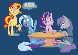 Size: 1000x712 | Tagged: safe, artist:gintoki23, derpibooru import, maud pie, starlight glimmer, sunset shimmer, trixie, pony, unicorn, blue background, colored pupils, design, drink, magic, relaxing, shirt design, simple background, table, telekinesis, the amazing trio of friendship, watermark, welovefine