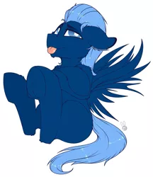 Size: 1251x1445 | Tagged: safe, artist:meggchan, derpibooru import, oc, oc:relaxing rivers, unofficial characters only, hybrid, crossed arms, floppy ears, fluffy, grumpy, legs in air, male, simple background, sitting, solo, stallion, tongue out, white background