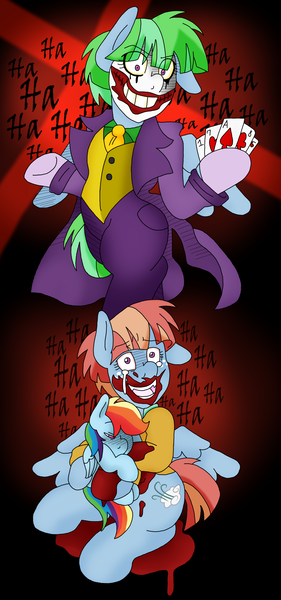 Size: 1597x3406 | Tagged: grimdark, artist:blackbewhite2k7, derpibooru import, rainbow dash, windy whistles, pegasus, pony, batman, blood, crossover, crying, death, female, filly, filly rainbow dash, flashback, flashpoint paradox, insanity, laughing, mare, martha wayne, mother and daughter, sad, the joker, younger