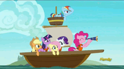 Size: 1280x720 | Tagged: safe, derpibooru import, screencap, applejack, fluttershy, pinkie pie, rainbow dash, rarity, twilight sparkle, twilight sparkle (alicorn), alicorn, pony, all bottled up, animated, best friends until the end of time, boat, discovery family logo, gif, lifejacket, mane six, ship, telescope, water