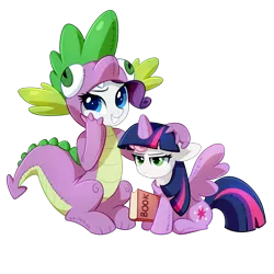 Size: 1200x1200 | Tagged: safe, artist:tomatocoup, derpibooru import, rarity, spike, sweetie belle, twilight sparkle, twilight sparkle (alicorn), alicorn, dragon, pony, unicorn, forever filly, annoyed, book, clothes, colored pupils, costume, cute, dragon costume, duo, female, filly, kigurumi, lidded eyes, mare, simple background, sitting, smiling, spike suit, sweetie belle is not amused, transparent background, unamused, wat