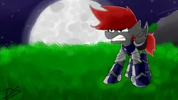 Size: 1280x720 | Tagged: safe, derpibooru import, oc, oc:destral, unofficial characters only, bat, pony, angry, armor, blue, fantasy class, grass, gray, guard, knight, land, night, red, silver, single, solo, warrior
