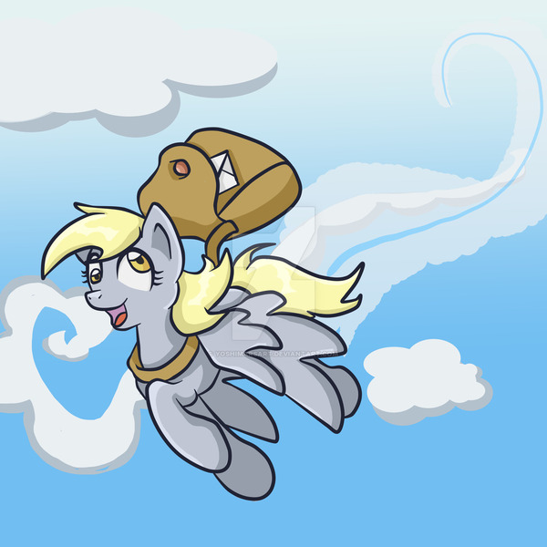 Size: 1024x1024 | Tagged: safe, artist:yoshimarsart, derpibooru import, derpy hooves, pony, flying, mailbag, solo, watermark