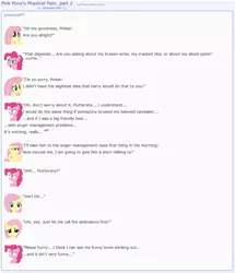 Size: 874x1016 | Tagged: artist:dziadek1990, conversation, derpibooru import, dialogue, emotes, emote story, fluttershy, harry, pain, pinkie pie, reddit, safe, slice of life, text