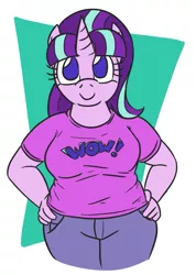 Size: 601x842 | Tagged: safe, artist:jargon scott, derpibooru import, starlight glimmer, anthro, unicorn, chubby, clothes, curvy, hand on hip, jeans, looking at you, meme, pants, plump, shirt, smiling, solo, t-shirt, thick, wide hips, wow! glimmer