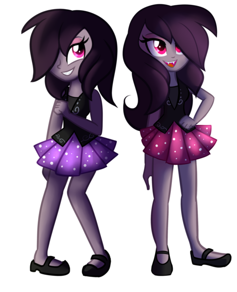 Size: 1024x1261 | Tagged: safe, artist:wubcakeva, derpibooru import, oc, oc:genie, oc:gypsy, unofficial characters only, vampire, equestria girls, clothes, duo, female, hair over one eye, simple background, smiling, transparent background, twins