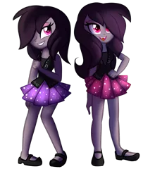 Size: 1024x1261 | Tagged: safe, artist:wubcakeva, derpibooru import, oc, oc:genie, oc:gypsy, unofficial characters only, vampire, equestria girls, clothes, duo, female, hair over one eye, simple background, smiling, transparent background, twins