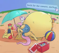 Size: 2934x2647 | Tagged: anthro, apple bloom, artist:funble, beach, beach ball, beach towel, belly, belly bumps, big breasts, bikini, blushing, breasts, busty fluttershy, clothes, cooler, cutie mark crusaders, derpibooru import, erect nipples, fluttershy, grin, hand on belly, huge breasts, hyper, hyper belly, hyper pregnancy, impossibly large belly, impossibly large breasts, kicking, looking at you, nipple outline, offscreen character, outie belly button, ponytail, preggoshy, pregnant, rarity, scootaloo, sitting, smiling, suggestive, sweetie belle, swimsuit, umbrella, unguligrade anthro