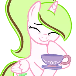 Size: 724x721 | Tagged: safe, artist:duyguusss, derpibooru import, oc, oc:dakota chaos, unofficial characters only, alicorn, pony, base used, cup, eyes closed, female, mare, simple background, smiling, solo, teacup, transparent background