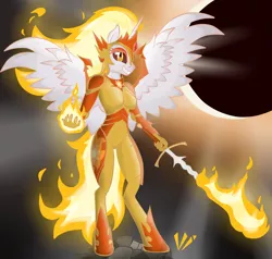 Size: 2500x2383 | Tagged: alicorn, anthro, armor, a royal problem, artist:virenth, breasts, daybreaker, derpibooru import, female, flaming sword, grin, mare, slit eyes, smiling, solo, solo female, spread wings, suggestive, sword, unguligrade anthro, weapon, wings