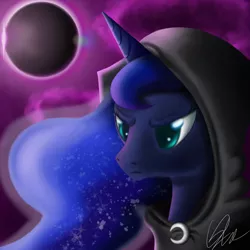 Size: 1500x1500 | Tagged: safe, artist:qbellas, derpibooru import, princess luna, alicorn, pony, cloak, clothes, colored pupils, eclipse, female, frown, mare, moon, solo, sun