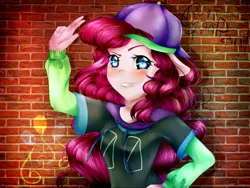 Size: 1024x768 | Tagged: safe, artist:wolfchen999, derpibooru import, pinkie pie, human, dance magic, equestria girls, spoiler:eqg specials, clothes, eared humanization, female, floppy ears, humanized, looking at you, mc pinkie, ponied up, pony ears, rapper pie, smiling, solo, wall
