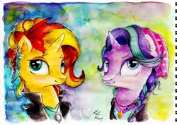 Size: 1024x726 | Tagged: safe, artist:moonlight-ki, derpibooru import, starlight glimmer, sunset shimmer, pony, unicorn, clothes, ear piercing, earring, female, jewelry, mare, piercing, traditional art, watercolor painting