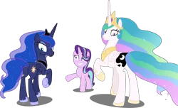 Size: 6724x4096 | Tagged: safe, artist:tralomine, derpibooru import, princess celestia, princess luna, starlight glimmer, alicorn, pony, unicorn, a royal problem, absurd resolution, grin, nervous, nervous grin, rear view, royal sisters, simple background, smiling, swapped cutie marks, transparent background, trio, vector