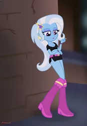 Size: 3972x5713 | Tagged: safe, artist:dnastudiobrony, derpibooru import, trixie, equestria girls, absurd resolution, boots, breasts, cigarette, clothes, female, high heel boots, midriff, miniskirt, prostitute, prostitution, shoes, side slit, skirt, solo, whore