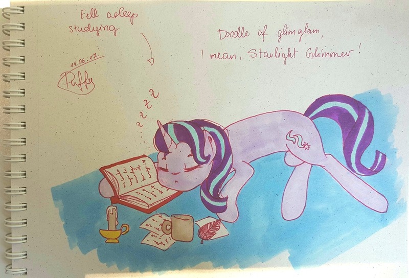 Size: 1280x870 | Tagged: safe, artist:puffysmosh, derpibooru import, starlight glimmer, pony, unicorn, book, sleeping, solo, traditional art, watercolor painting, zzz