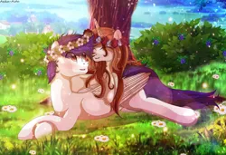 Size: 3744x2562 | Tagged: safe, artist:asika-aida, derpibooru import, oc, oc:dominica comet, oc:frailty music, unofficial characters only, pegasus, pony, unicorn, couple, female, floral head wreath, flower, grass, male, mare, smiling, stallion, straight, tree