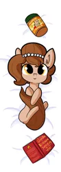 Size: 3750x10500 | Tagged: safe, artist:tjpones, derpibooru import, oc, oc:brownie bun, unofficial characters only, earth pony, pony, horse wife, bed, body pillow, body pillow design, book, cute, ear fluff, female, food, hug, jewelry, looking at you, mare, necklace, ocbetes, on back, peanut butter, pearl necklace, smiling, solo, tail hug