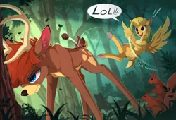 Size: 2300x1565 | Tagged: antlers, artist:yakovlev-vad, blushing, cloven hooves, deer, derpibooru import, dialogue, doe, duo, exclamation point, female, flying, fordeer, lidded eyes, lol, male, mare, oc, oc:hazel nut, oc:windy leaves, open mouth, original species, peryton, safe, smiling, spread wings, stag, stuck, unamused, unofficial characters only, wings