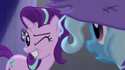 Size: 1280x720 | Tagged: safe, derpibooru import, screencap, starlight glimmer, trixie, pony, unicorn, no second prances, grin, looking at each other, one eye closed, smiling, wink