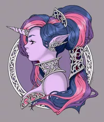 Size: 776x908 | Tagged: safe, artist:michellehoefener, artist:tracibrooks, derpibooru import, twilight sparkle, human, alternate hairstyle, bust, elf ears, gray background, horned humanization, humanized, pony coloring, profile, simple background, solo