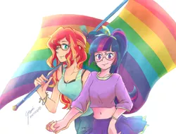 Size: 2900x2200 | Tagged: safe, artist:foxmi, derpibooru import, sci-twi, sunset shimmer, twilight sparkle, equestria girls, adorkable, alternate costumes, alternate hairstyle, belly button, clothes, cute, cutie mark earrings, dork, ear piercing, earring, female, flag, gay pride, gay pride flag, glasses, headcanon, holding hands, human coloration, jewelry, lesbian, lgbt, looking at you, midriff, piercing, ponytail, pride, pride month, scitwishimmer, shimmerbetes, shipping, short shirt, signature, simple background, skirt, smiling, sunsetsparkle, sunspecs shimmer, twiabetes, white background