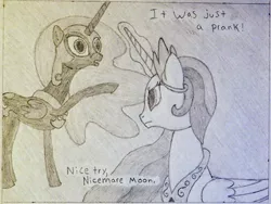 Size: 1550x1163 | Tagged: safe, artist:anonymous, derpibooru import, nightmare moon, princess celestia, alicorn, pony, 4chan, celestia is not amused, drawthread, duo, grayscale, monochrome, nicemare moon, prank, prank fail, prankster luna, simple background, this will end in tears and/or a journey to the moon, traditional art