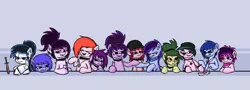 Size: 2000x720 | Tagged: safe, artist:plunger, derpibooru import, oc, oc:froggy, oc:rachael shadows, ponified, unofficial characters only, earth pony, pony, 4chan, blood, choker, cup, drawthread, ear piercing, earring, ember's ghost squad, eye contact, eyes closed, eyeshadow, frown, glare, glasses, hat, hoof hold, jewelry, knife, lidded eyes, looking at each other, looking down, makeup, necklace, piercing, smiling, spiked wristband, unamused, we are going to hell, wristband