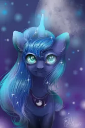 Size: 2000x3000 | Tagged: safe, artist:candyflora, derpibooru import, princess luna, pony, eye reflection, glowing horn, looking at you, reflection, smiling, solo