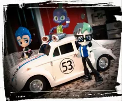 Size: 1747x1456 | Tagged: safe, artist:artking3000, derpibooru import, flash sentry, spike, oc, oc:quick draw, equestria girls, car, doll, equestria girls minis, eqventures of the minis, herbie, irl, photo, toy, toys r us, volkswagen beetle