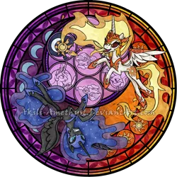 Size: 2100x2100 | Tagged: safe, artist:akili-amethyst, derpibooru import, daybreaker, nightmare moon, princess celestia, princess luna, starlight glimmer, pony, a royal problem, dive to the heart, kingdom hearts, stained glass, watermark