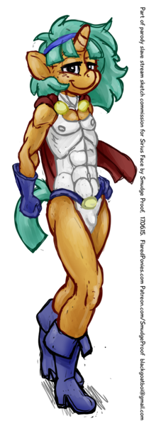 Size: 525x1500 | Tagged: anthro, artist:smudge proof, balls, crossdressing, crotch bulge, derpibooru import, glitter shell, human penis, male, nudity, older, penis, power girl, questionable, simple background, sketch, snails, solo, solo male, transparent background, trap